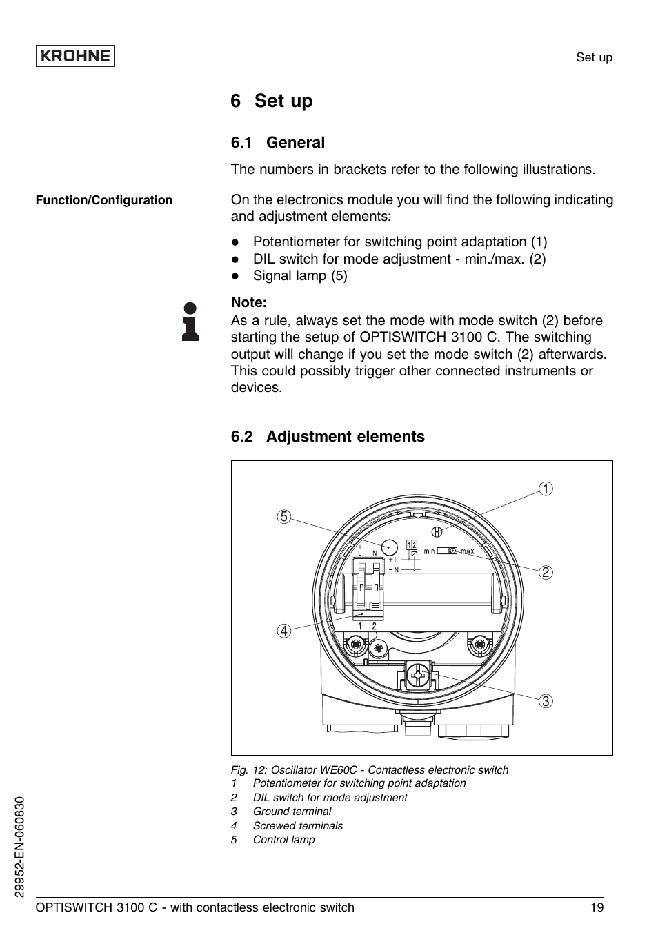6 set up, 1 general, 2 adjustment elements | KROHNE OPTISWITCH 3100C Contactless EN User Manual | Page 19 / 32