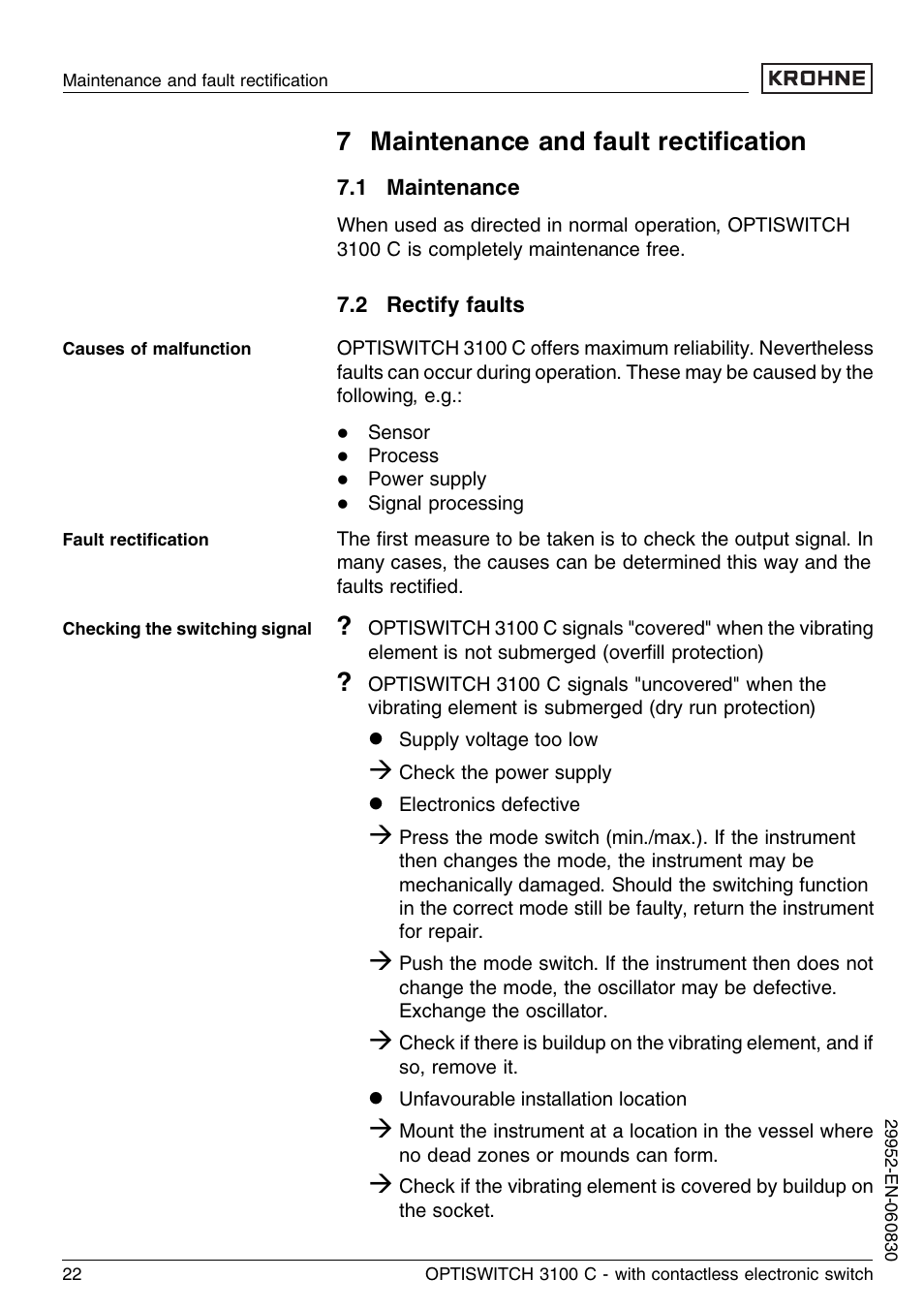 7 maintenance and fault rectification, 1 maintenance, 2 rectify faults | 7 maintenance and fault rectiﬁcation | KROHNE OPTISWITCH 3100C Contactless EN User Manual | Page 22 / 32