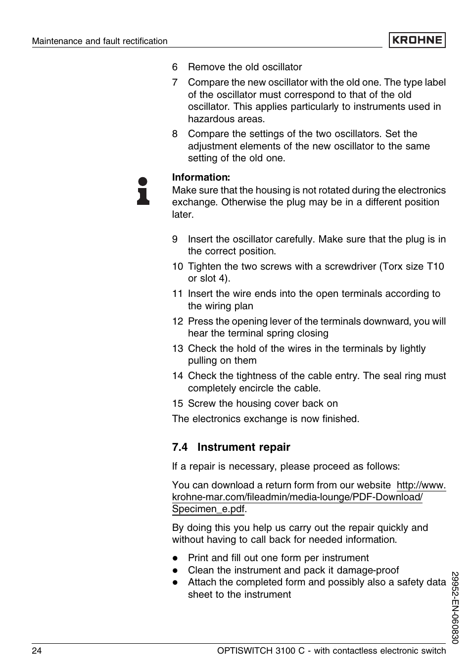 4 instrument repair | KROHNE OPTISWITCH 3100C Contactless EN User Manual | Page 24 / 32