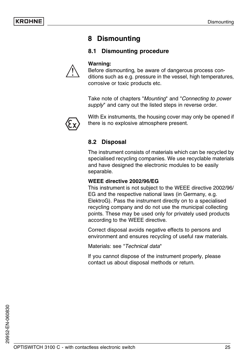 8 dismounting, 1 dismounting procedure, 2 disposal | KROHNE OPTISWITCH 3100C Contactless EN User Manual | Page 25 / 32