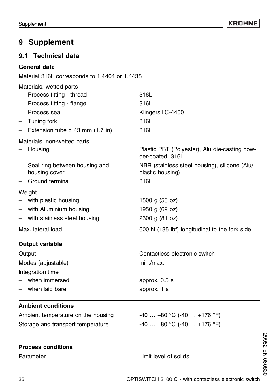 9 supplement, 1 technical data | KROHNE OPTISWITCH 3100C Contactless EN User Manual | Page 26 / 32