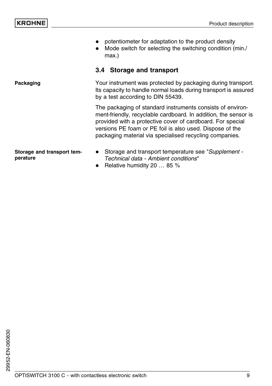 4 storage and transport | KROHNE OPTISWITCH 3100C Contactless EN User Manual | Page 9 / 32