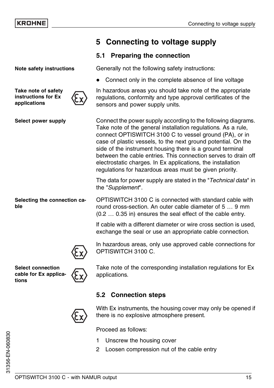 5 connecting to voltage supply, 1 preparing the connection, 2 connection steps | KROHNE OPTISWITCH 3100C NAMUR EN User Manual | Page 15 / 36