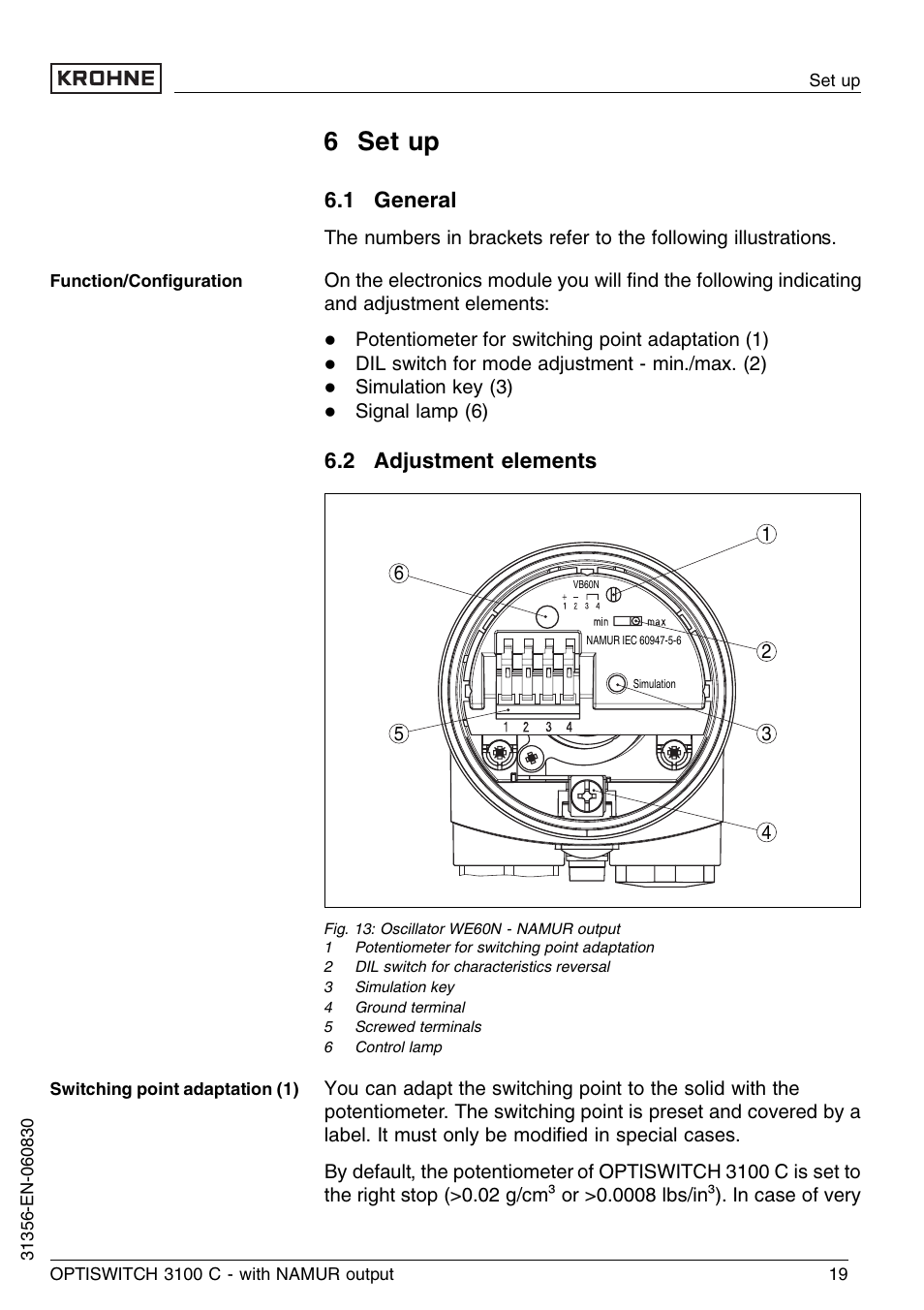 6 set up, 1 general, 2 adjustment elements | KROHNE OPTISWITCH 3100C NAMUR EN User Manual | Page 19 / 36