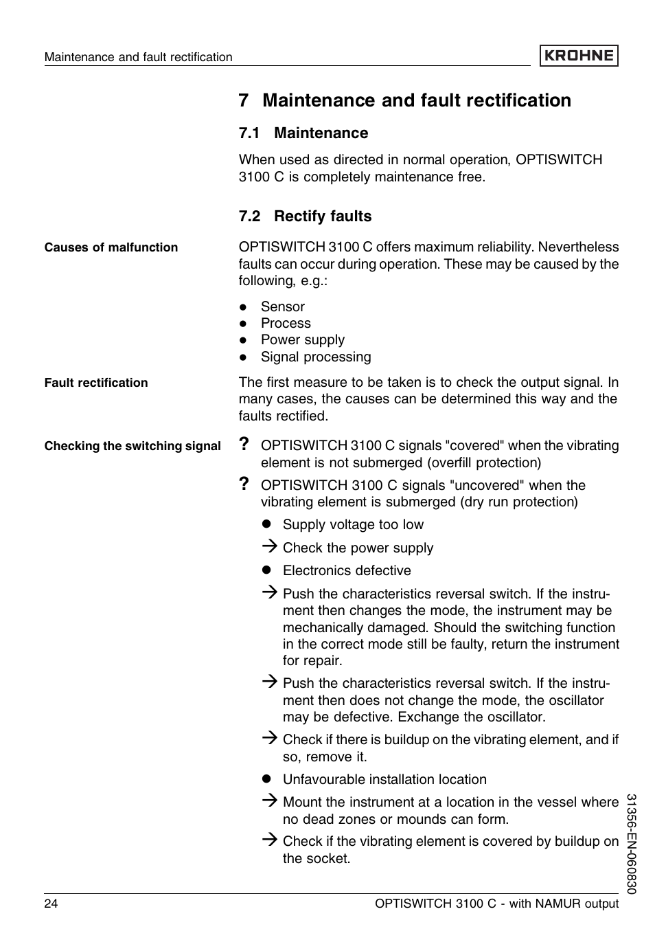 7 maintenance and fault rectification, 1 maintenance, 2 rectify faults | 7 maintenance and fault rectiﬁcation | KROHNE OPTISWITCH 3100C NAMUR EN User Manual | Page 24 / 36