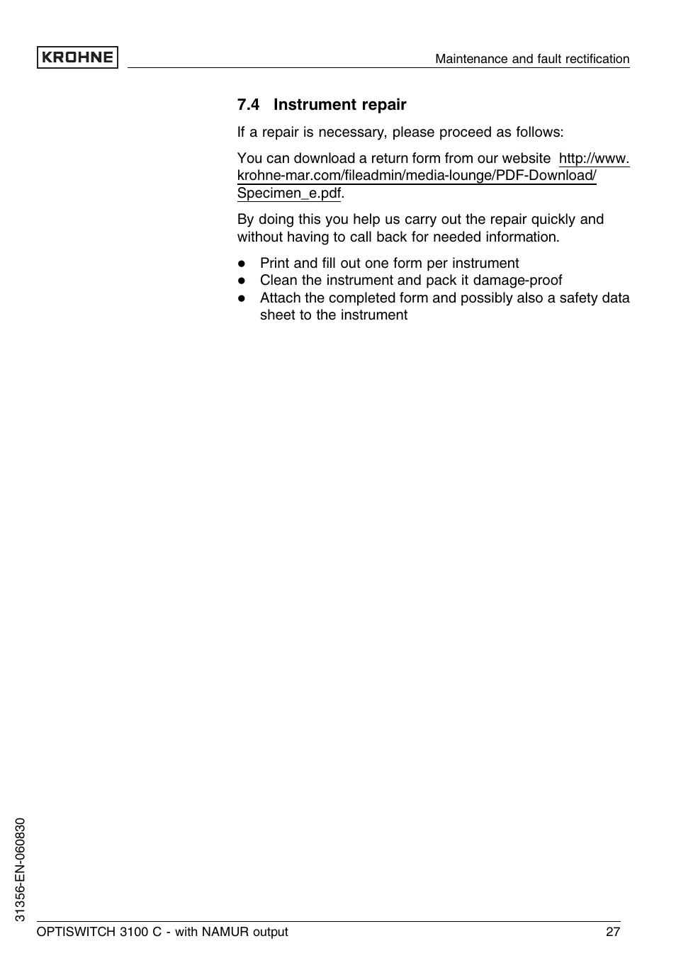4 instrument repair | KROHNE OPTISWITCH 3100C NAMUR EN User Manual | Page 27 / 36