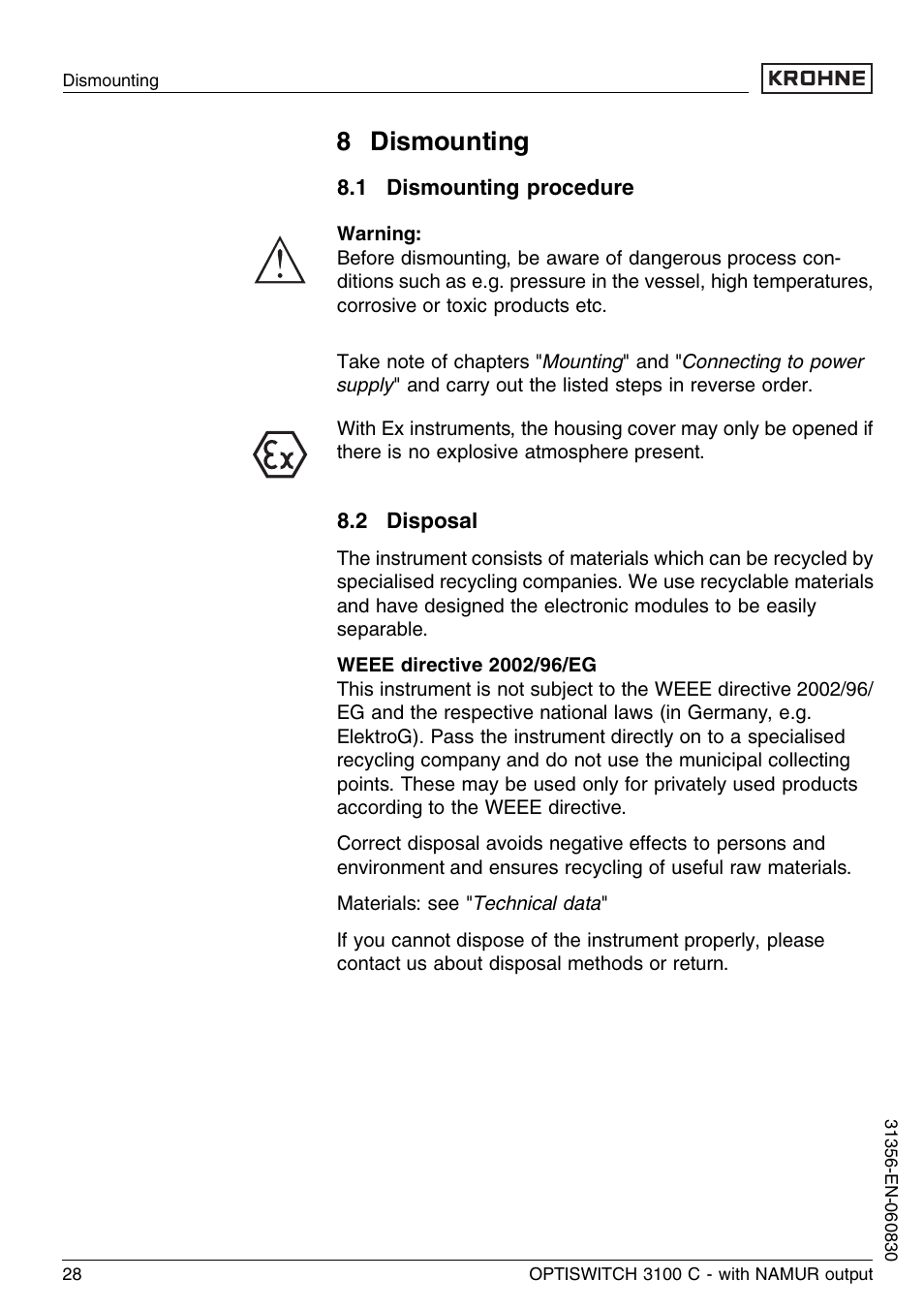 8 dismounting, 1 dismounting procedure, 2 disposal | KROHNE OPTISWITCH 3100C NAMUR EN User Manual | Page 28 / 36