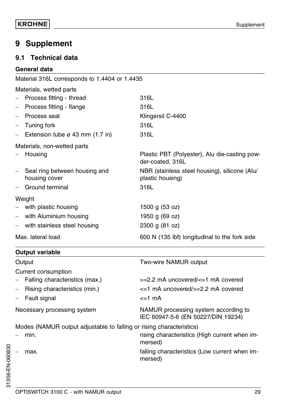 9 supplement, 1 technical data | KROHNE OPTISWITCH 3100C NAMUR EN User Manual | Page 29 / 36