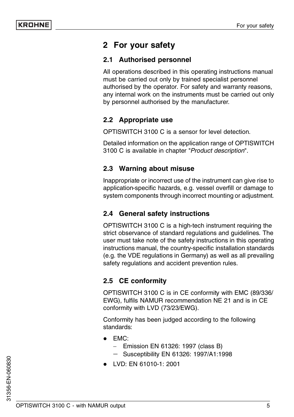 2 for your safety, 1 authorised personnel, 2 appropriate use | 3 warning about misuse, 4 general safety instructions, 5 ce conformity | KROHNE OPTISWITCH 3100C NAMUR EN User Manual | Page 5 / 36