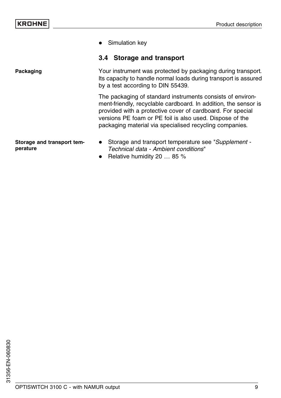 4 storage and transport | KROHNE OPTISWITCH 3100C NAMUR EN User Manual | Page 9 / 36