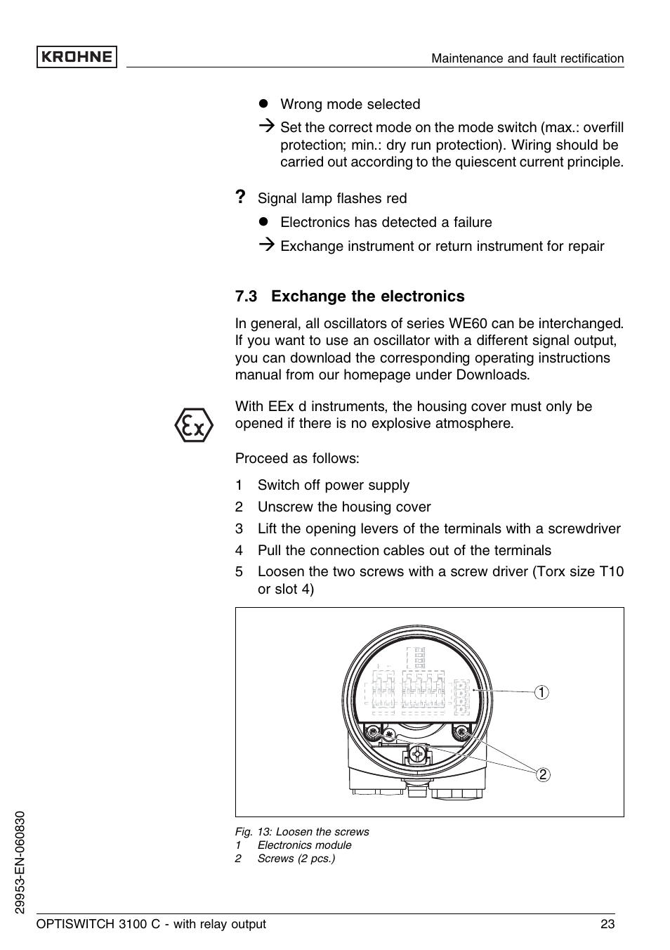 3 exchange the electronics | KROHNE OPTISWITCH 3100C Relay EN User Manual | Page 23 / 36