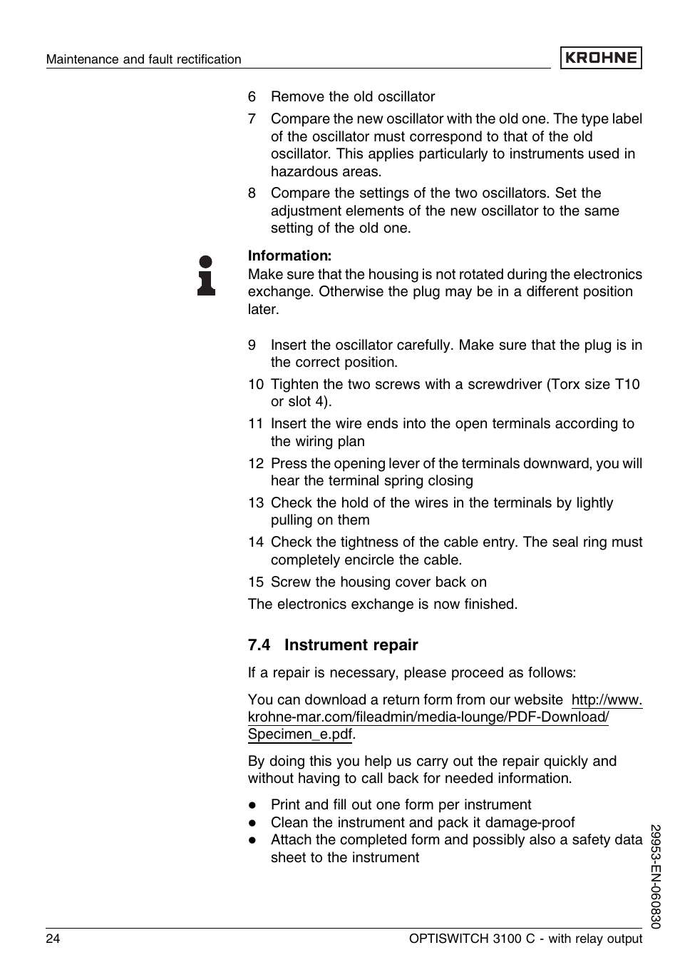 4 instrument repair | KROHNE OPTISWITCH 3100C Relay EN User Manual | Page 24 / 36
