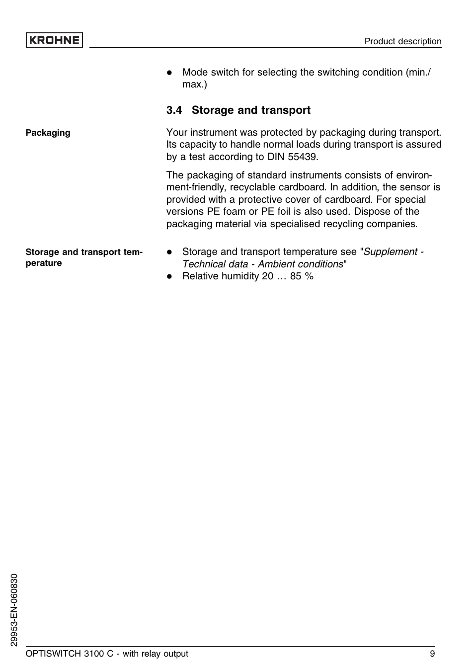 4 storage and transport | KROHNE OPTISWITCH 3100C Relay EN User Manual | Page 9 / 36