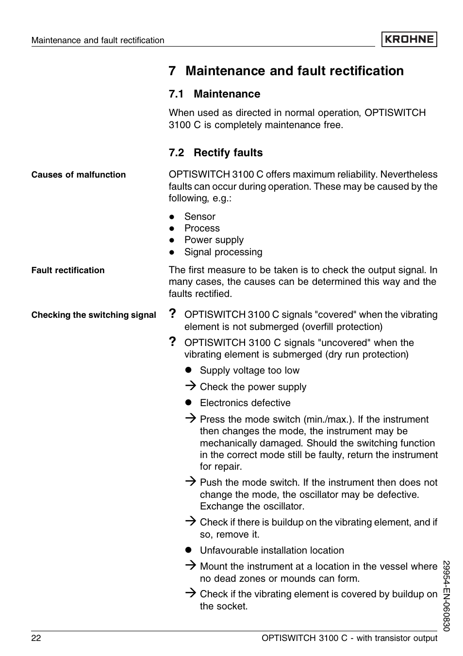 7 maintenance and fault rectification, 1 maintenance, 2 rectify faults | 7 maintenance and fault rectiﬁcation | KROHNE OPTISWITCH 3100C Transistor EN User Manual | Page 22 / 32