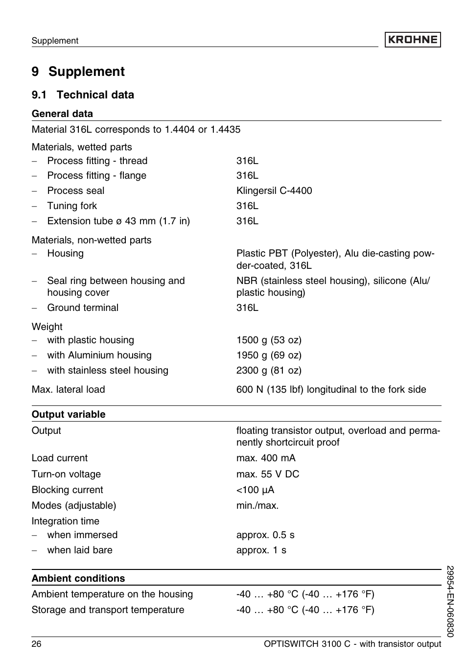 9 supplement, 1 technical data | KROHNE OPTISWITCH 3100C Transistor EN User Manual | Page 26 / 32