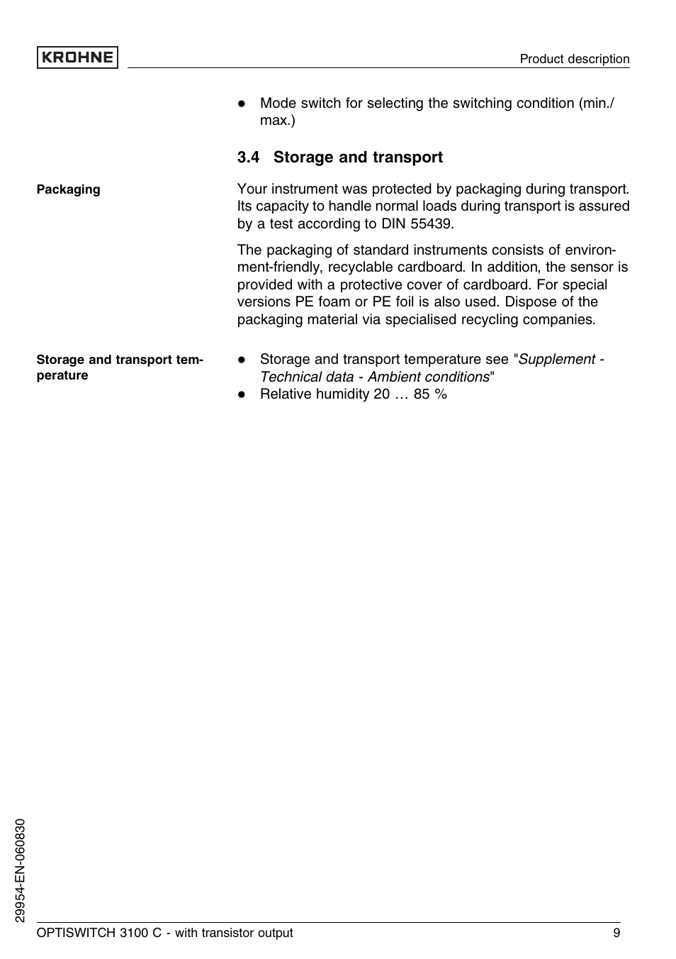 4 storage and transport | KROHNE OPTISWITCH 3100C Transistor EN User Manual | Page 9 / 32