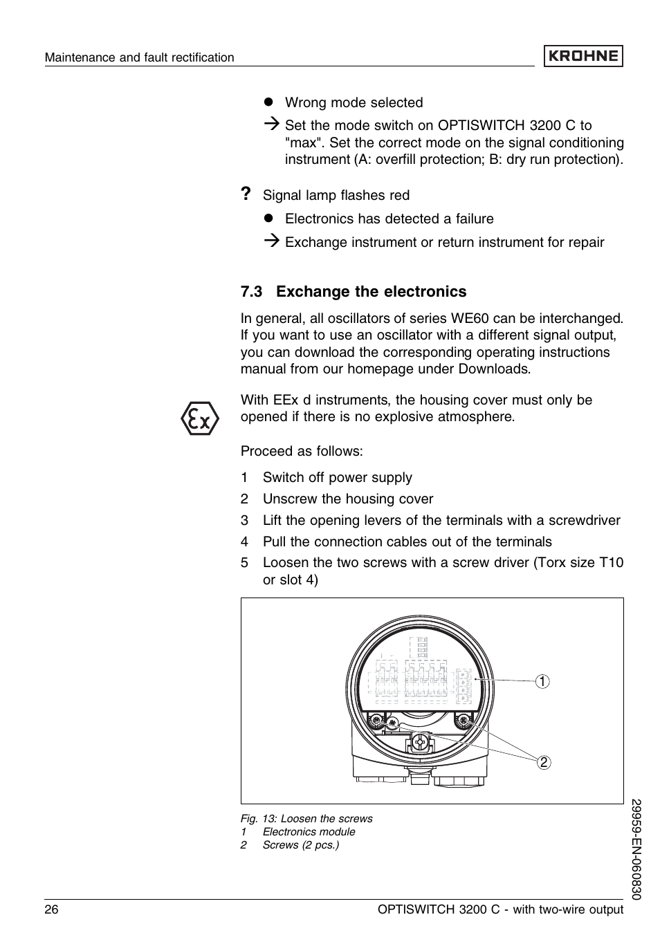 3 exchange the electronics | KROHNE OPTISWITCH 3200C 2wire EN User Manual | Page 26 / 36