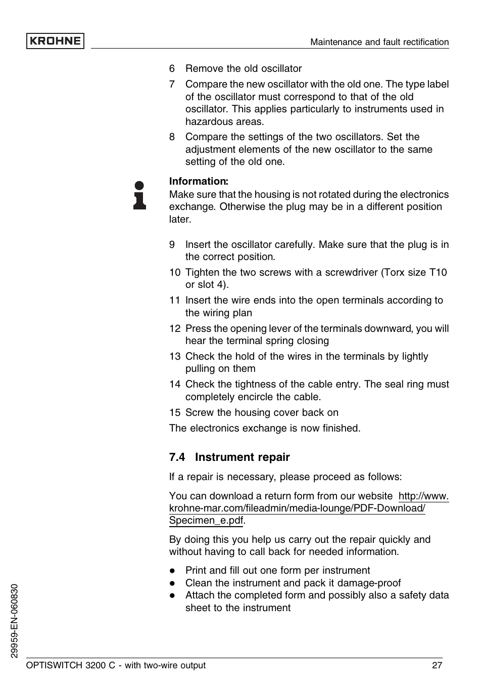 4 instrument repair | KROHNE OPTISWITCH 3200C 2wire EN User Manual | Page 27 / 36