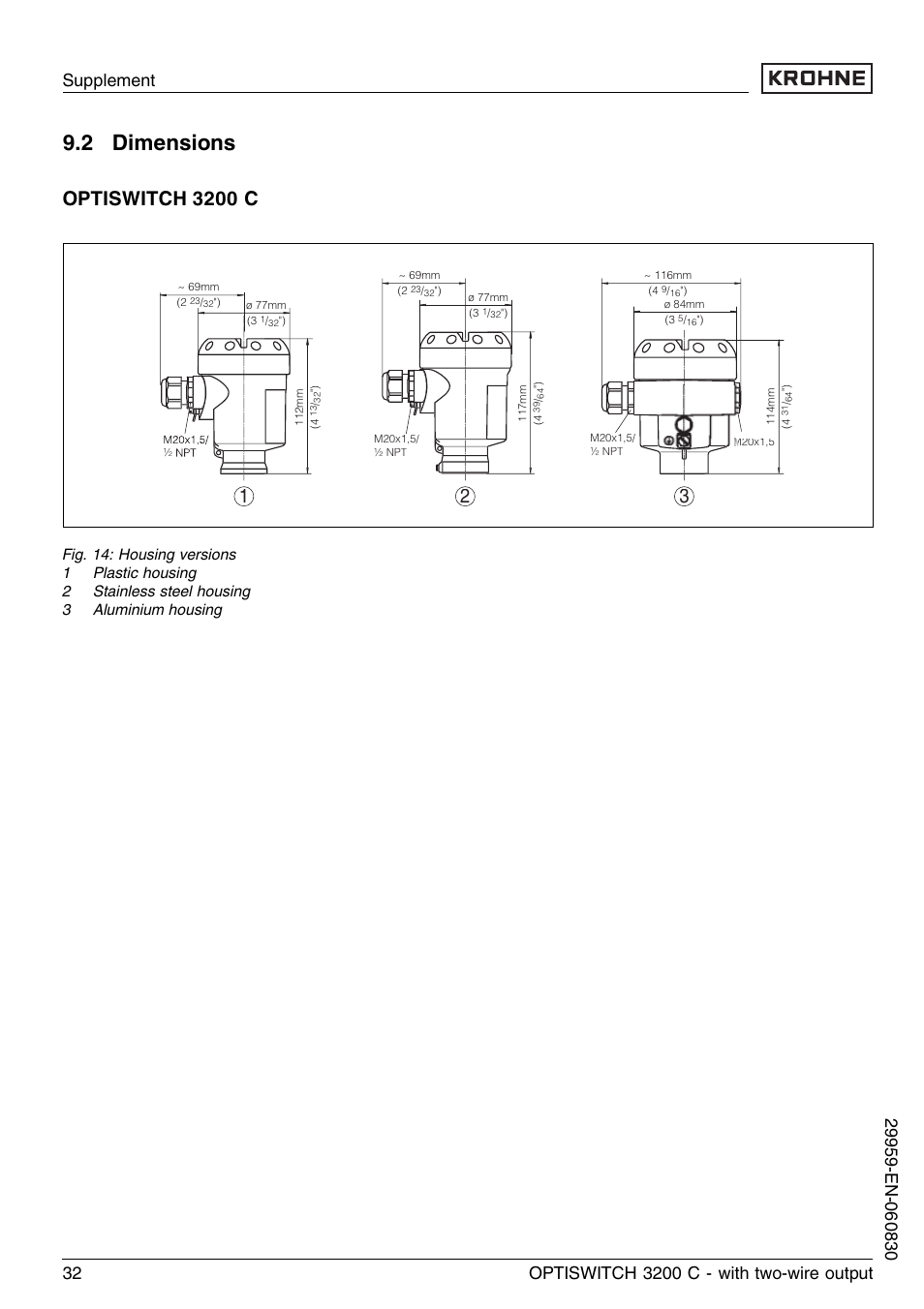 2 dimensions, Optiswitch 3200 c | KROHNE OPTISWITCH 3200C 2wire EN User Manual | Page 32 / 36