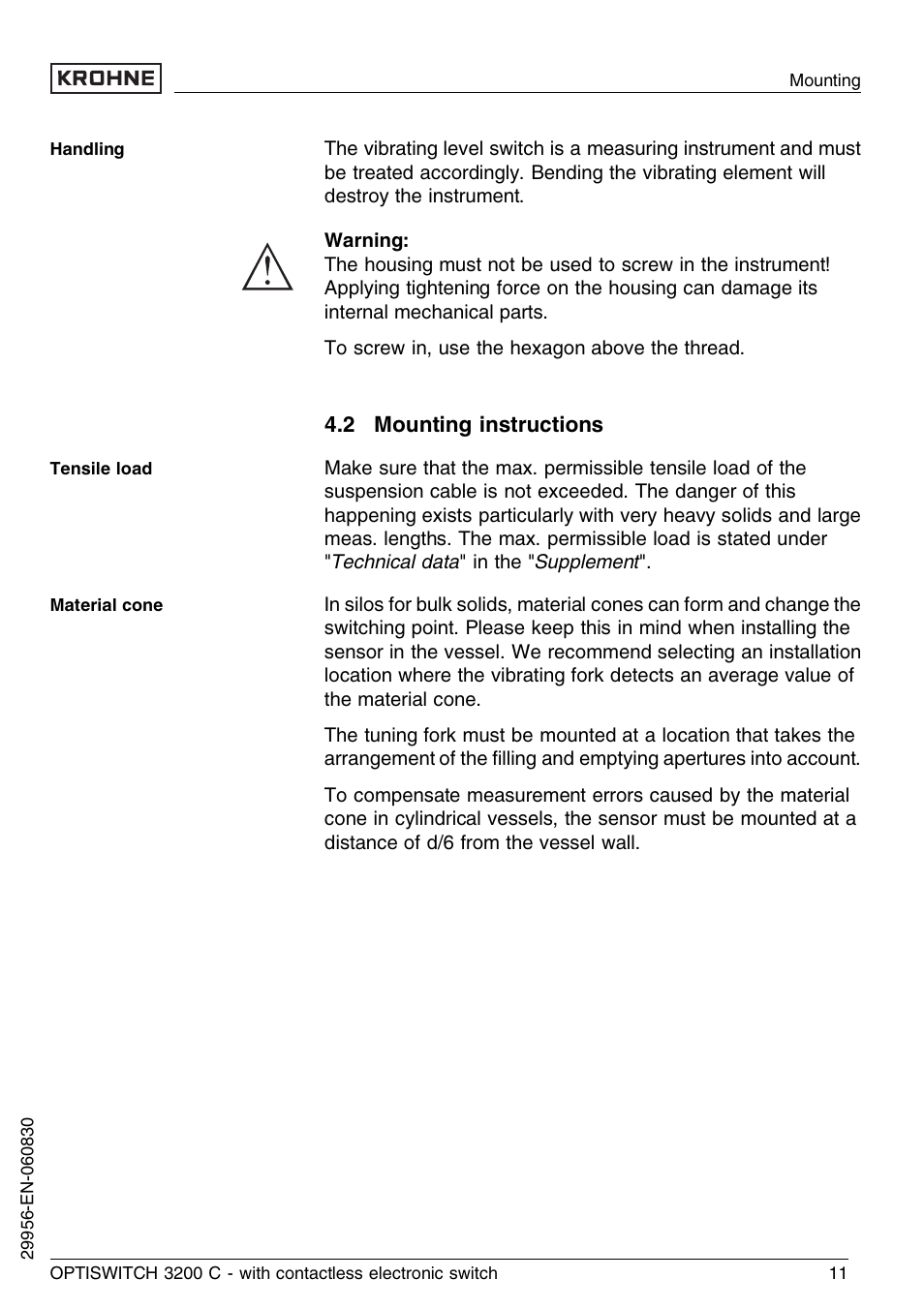 2 mounting instructions | KROHNE OPTISWITCH 3200C Contactless EN User Manual | Page 11 / 36