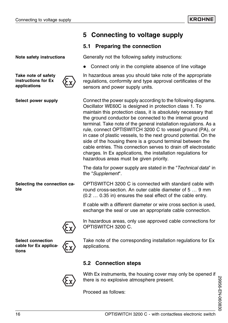 5 connecting to voltage supply, 1 preparing the connection, 2 connection steps | KROHNE OPTISWITCH 3200C Contactless EN User Manual | Page 16 / 36