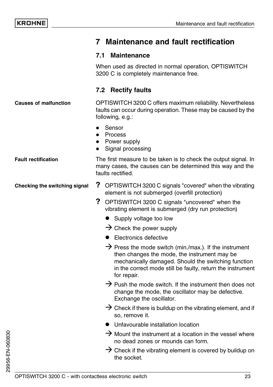 7 maintenance and fault rectification, 1 maintenance, 2 rectify faults | 7 maintenance and fault rectiﬁcation | KROHNE OPTISWITCH 3200C Contactless EN User Manual | Page 23 / 36