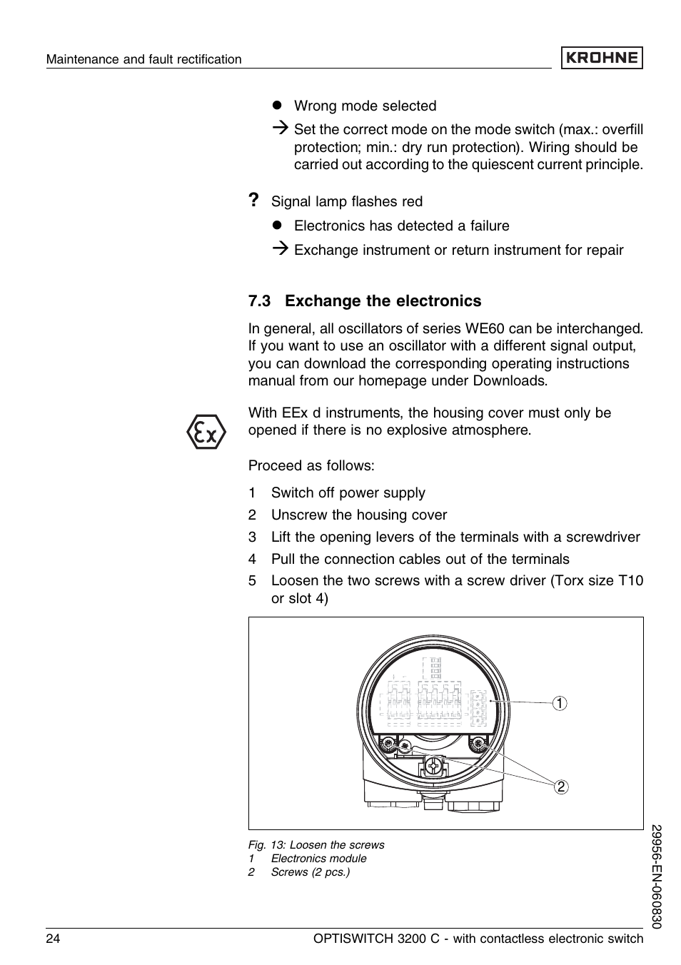 3 exchange the electronics | KROHNE OPTISWITCH 3200C Contactless EN User Manual | Page 24 / 36