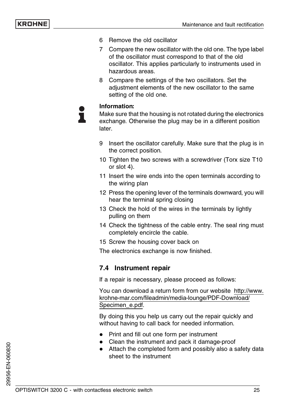 4 instrument repair | KROHNE OPTISWITCH 3200C Contactless EN User Manual | Page 25 / 36