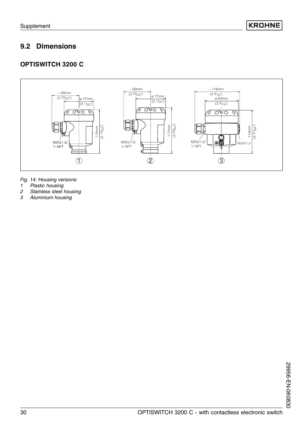 2 dimensions, Optiswitch 3200 c | KROHNE OPTISWITCH 3200C Contactless EN User Manual | Page 30 / 36