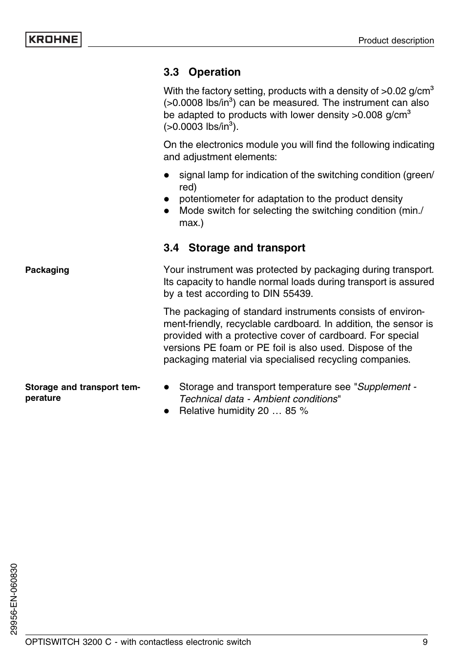 3 operation, 4 storage and transport | KROHNE OPTISWITCH 3200C Contactless EN User Manual | Page 9 / 36