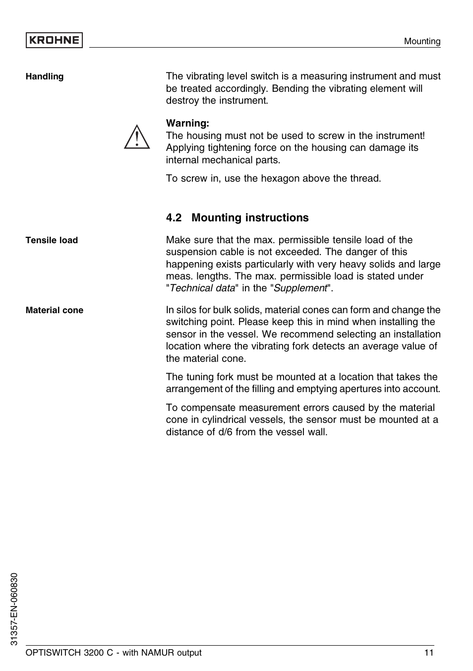 2 mounting instructions | KROHNE OPTISWITCH 3200C NAMUR EN User Manual | Page 11 / 36