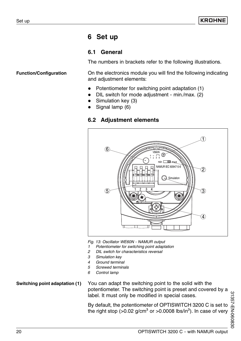 6 set up, 1 general, 2 adjustment elements | KROHNE OPTISWITCH 3200C NAMUR EN User Manual | Page 20 / 36