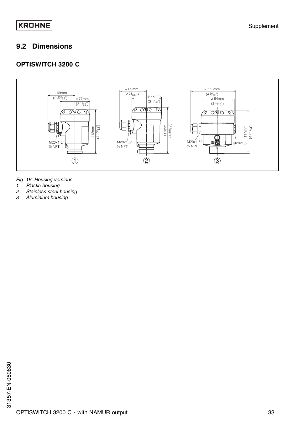 2 dimensions, Optiswitch 3200 c | KROHNE OPTISWITCH 3200C NAMUR EN User Manual | Page 33 / 36