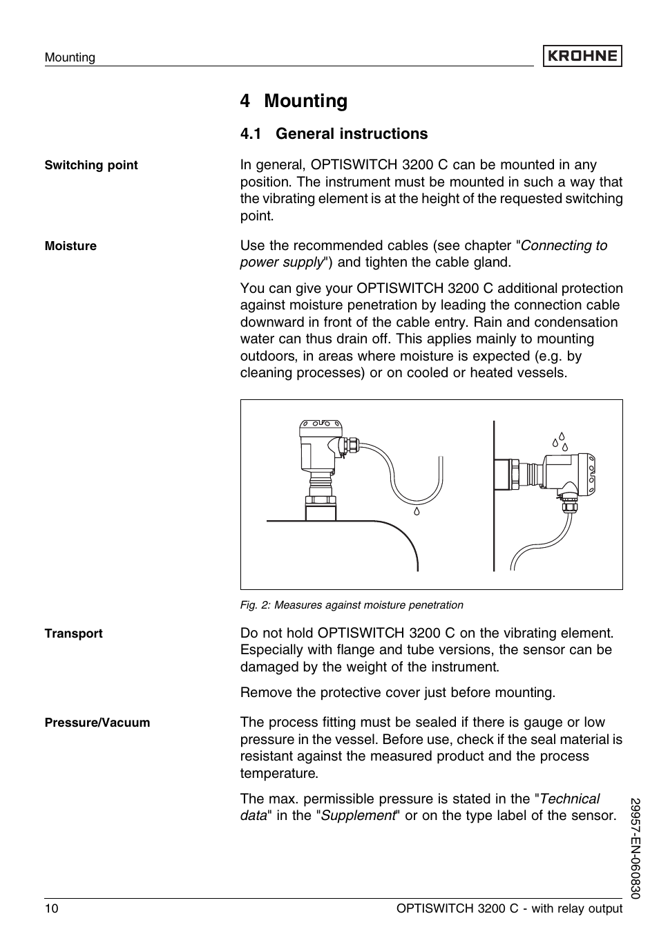 4 mounting, 1 general instructions | KROHNE OPTISWITCH 3200C Relay EN User Manual | Page 10 / 36