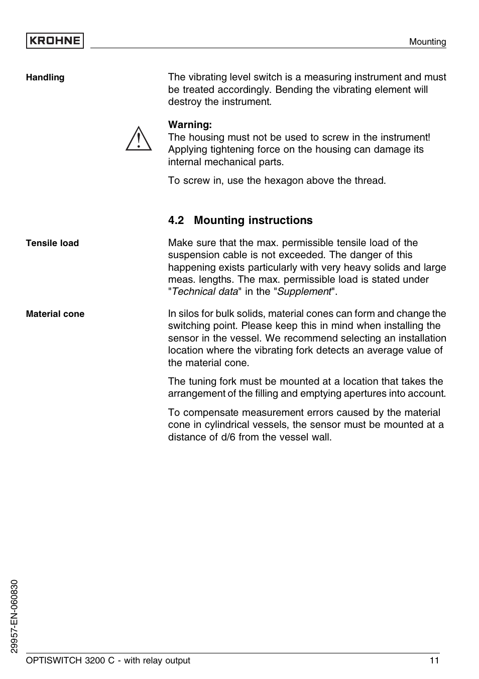 2 mounting instructions | KROHNE OPTISWITCH 3200C Relay EN User Manual | Page 11 / 36