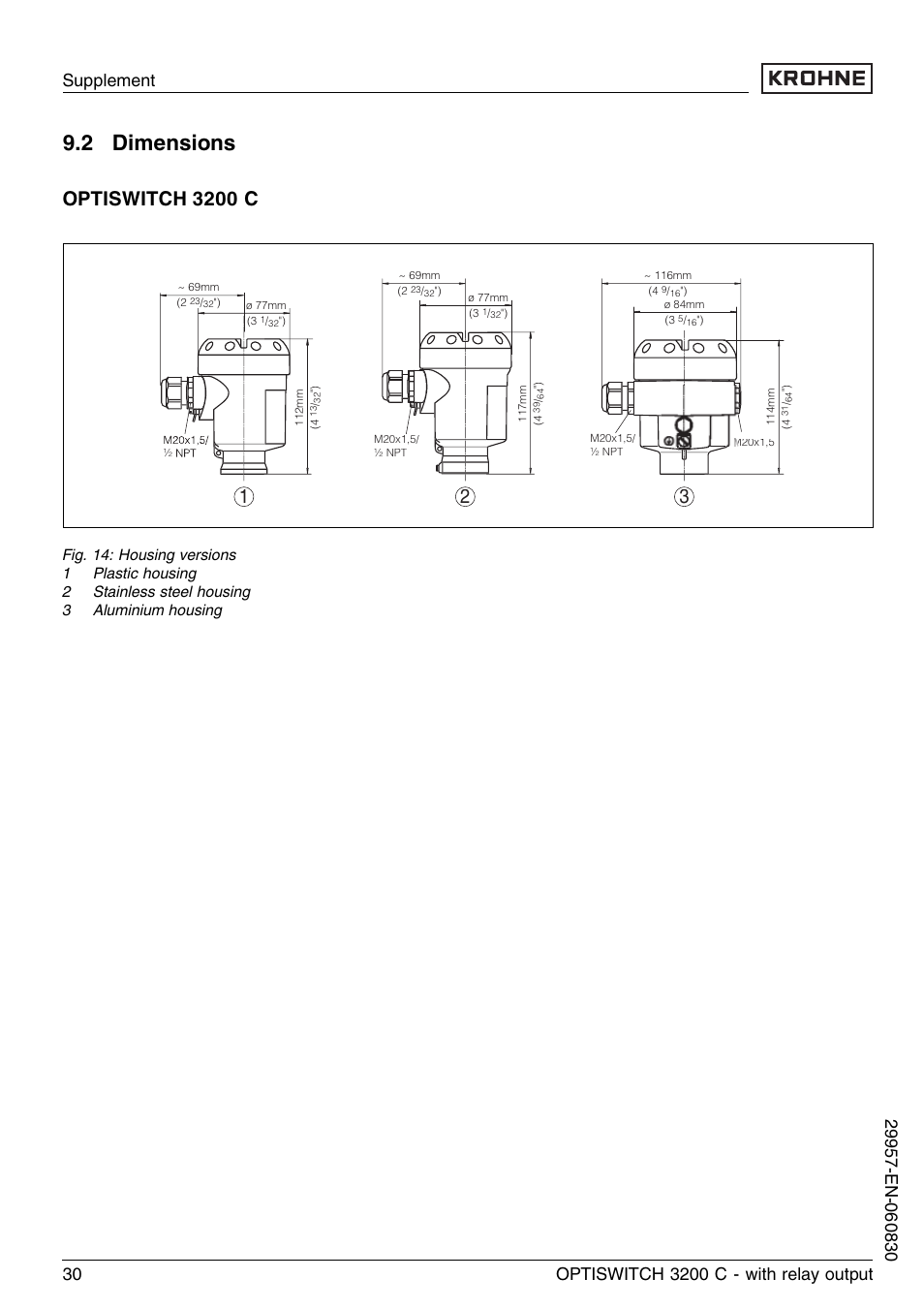 2 dimensions, Optiswitch 3200 c | KROHNE OPTISWITCH 3200C Relay EN User Manual | Page 30 / 36