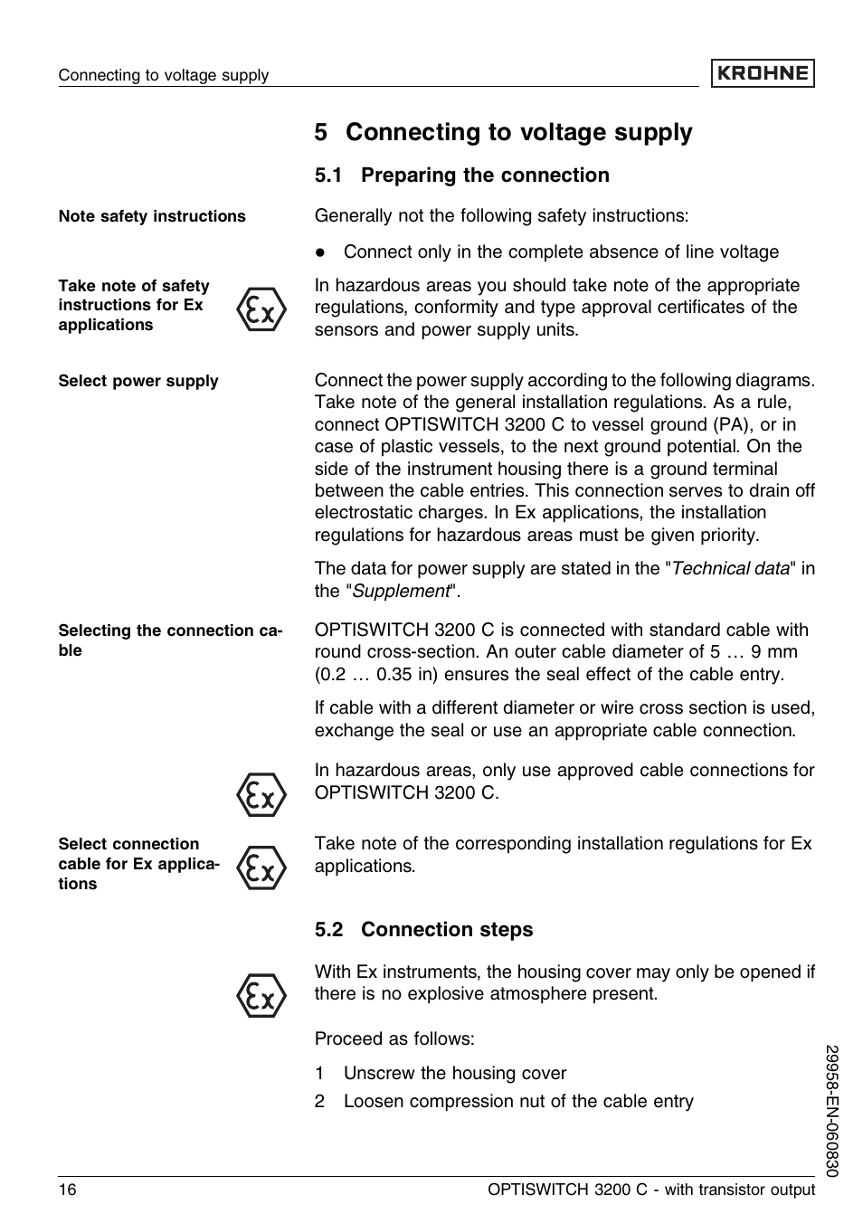 5 connecting to voltage supply, 1 preparing the connection, 2 connection steps | KROHNE OPTISWITCH 3200C Transistor EN User Manual | Page 16 / 36