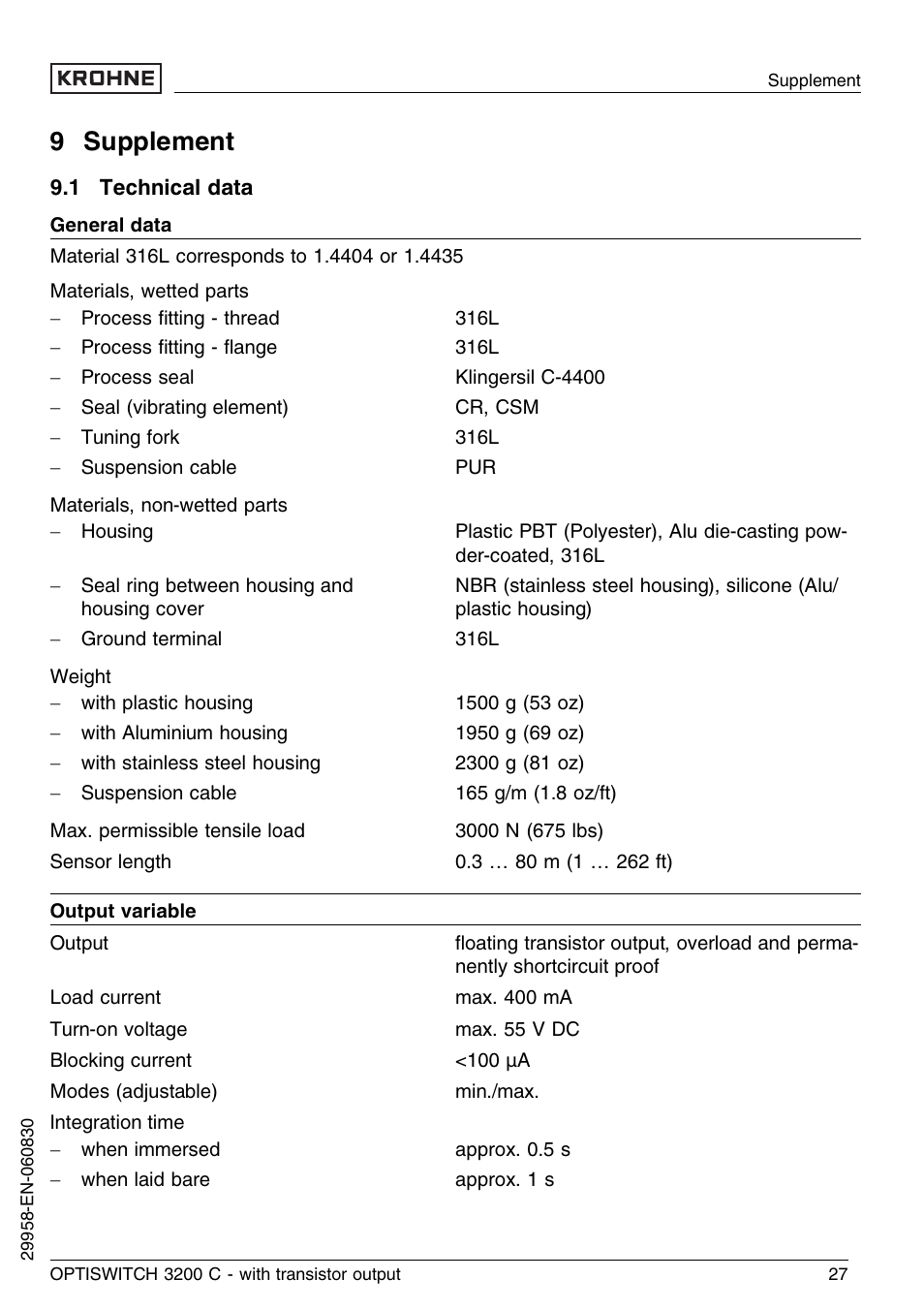 9 supplement, 1 technical data | KROHNE OPTISWITCH 3200C Transistor EN User Manual | Page 27 / 36