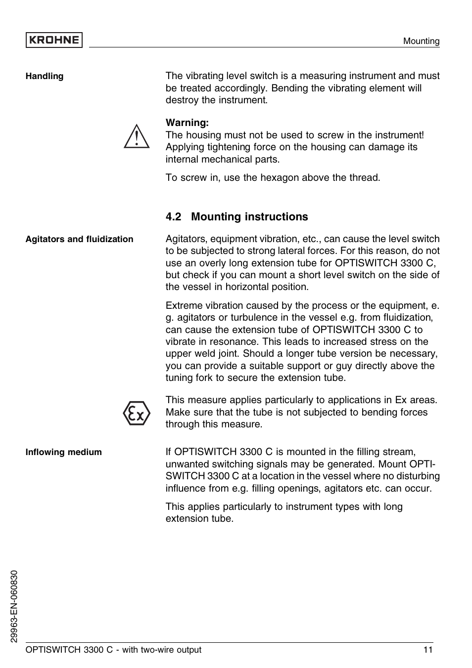 2 mounting instructions | KROHNE OPTISWITCH 3300C 2wire EN User Manual | Page 11 / 36