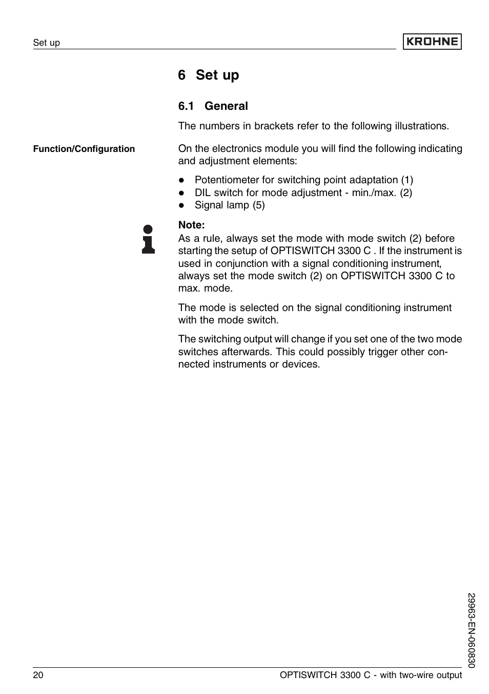 6 set up, 1 general | KROHNE OPTISWITCH 3300C 2wire EN User Manual | Page 20 / 36