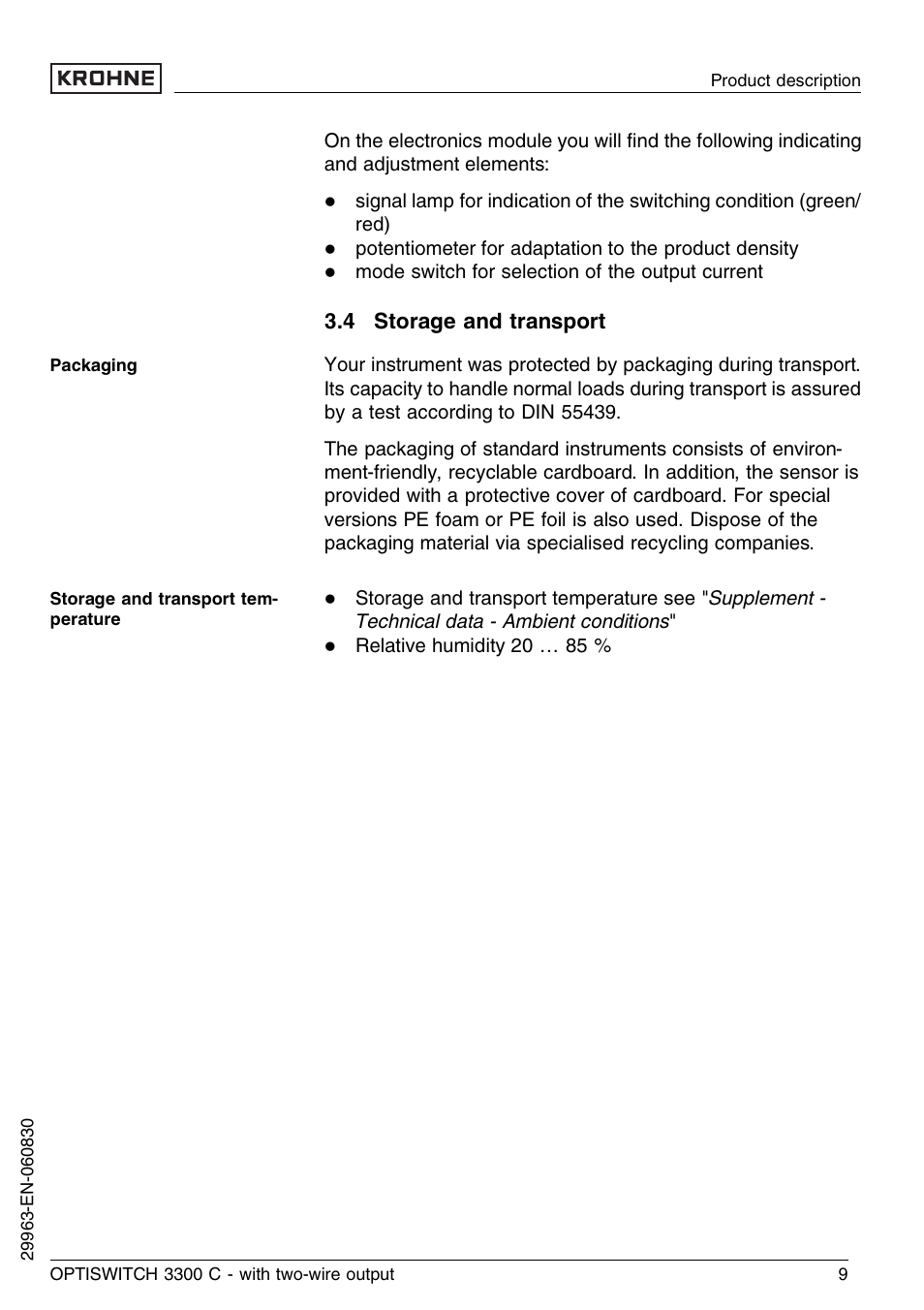 4 storage and transport | KROHNE OPTISWITCH 3300C 2wire EN User Manual | Page 9 / 36