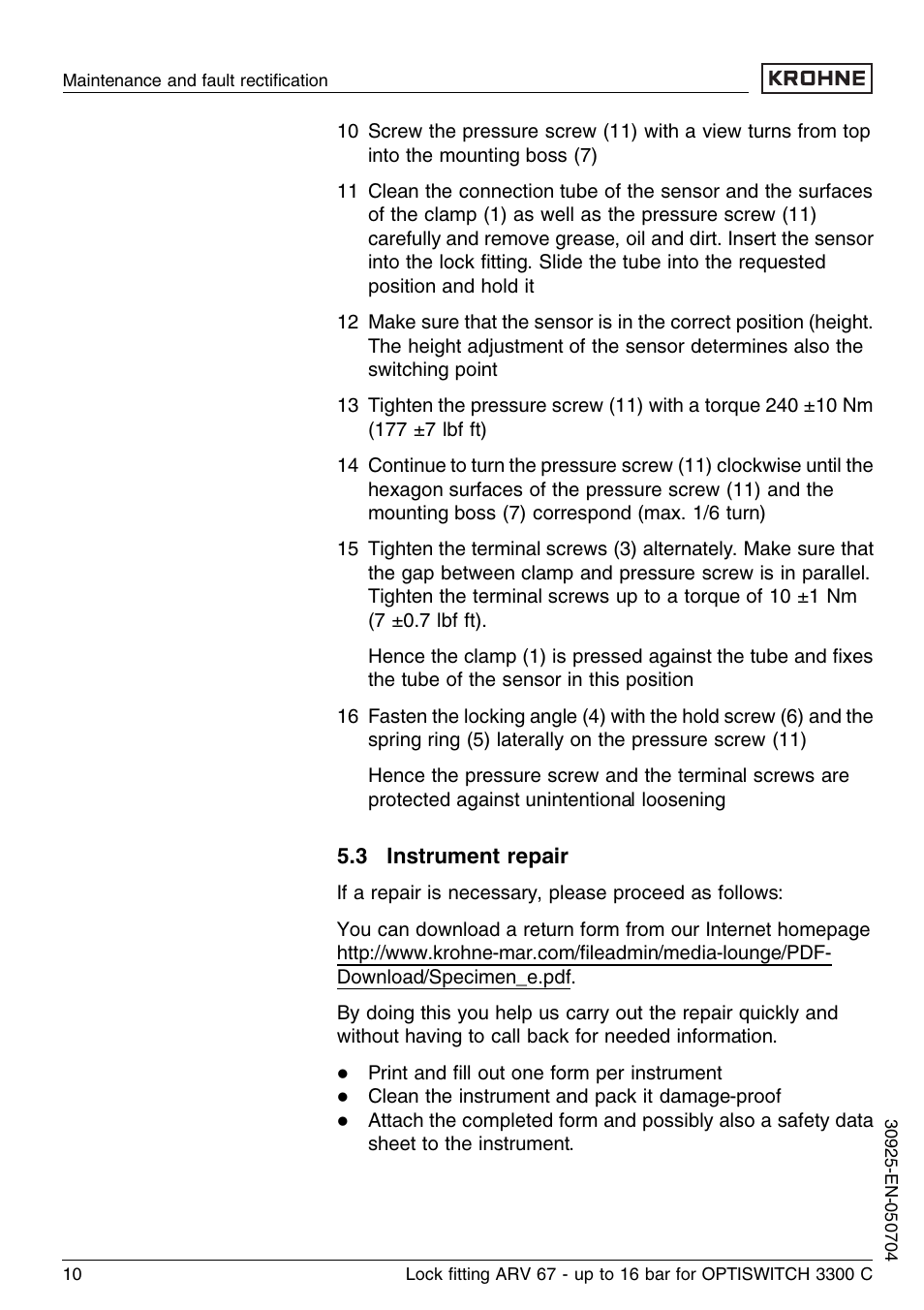 3 instrument repair | KROHNE OPTISWITCH 3300C ARV33 16bar EN User Manual | Page 10 / 16