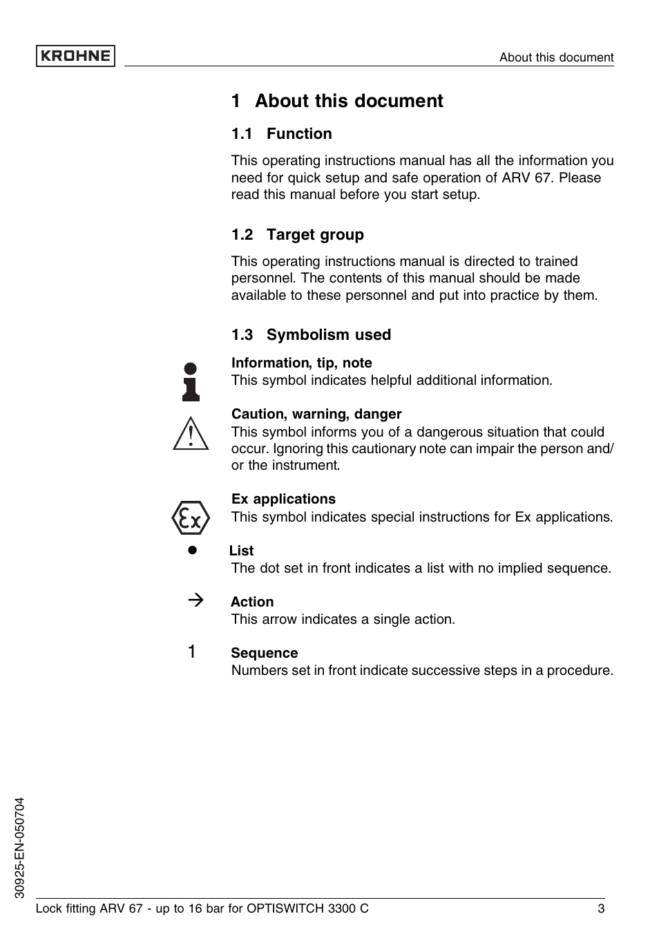 1 about this document, 1 function, 2 target group | 3 symbolism used | KROHNE OPTISWITCH 3300C ARV33 16bar EN User Manual | Page 3 / 16