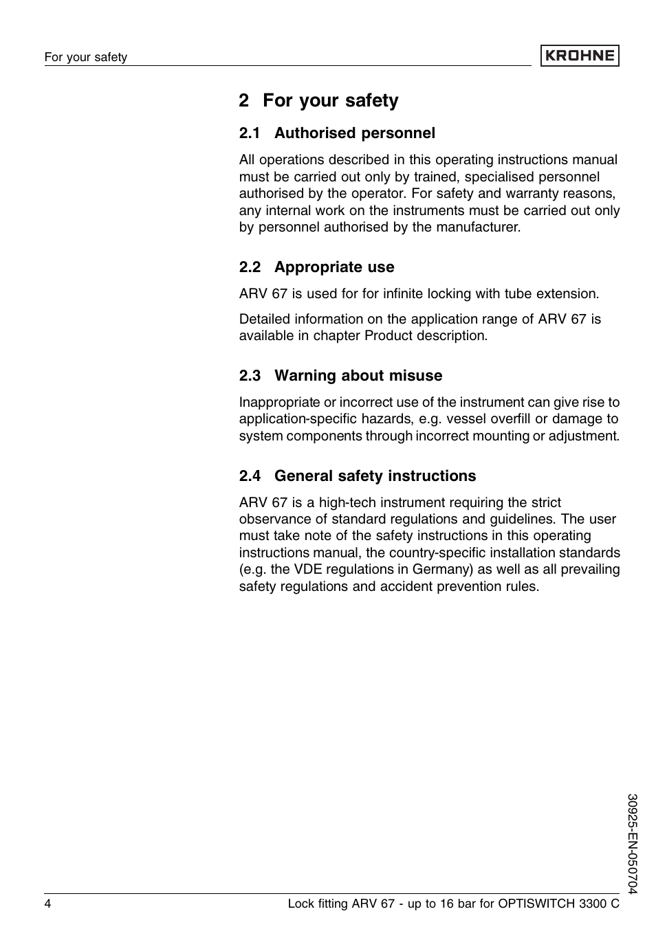 2 for your safety, 1 authorised personnel, 2 appropriate use | 3 warning about misuse, 4 general safety instructions | KROHNE OPTISWITCH 3300C ARV33 16bar EN User Manual | Page 4 / 16