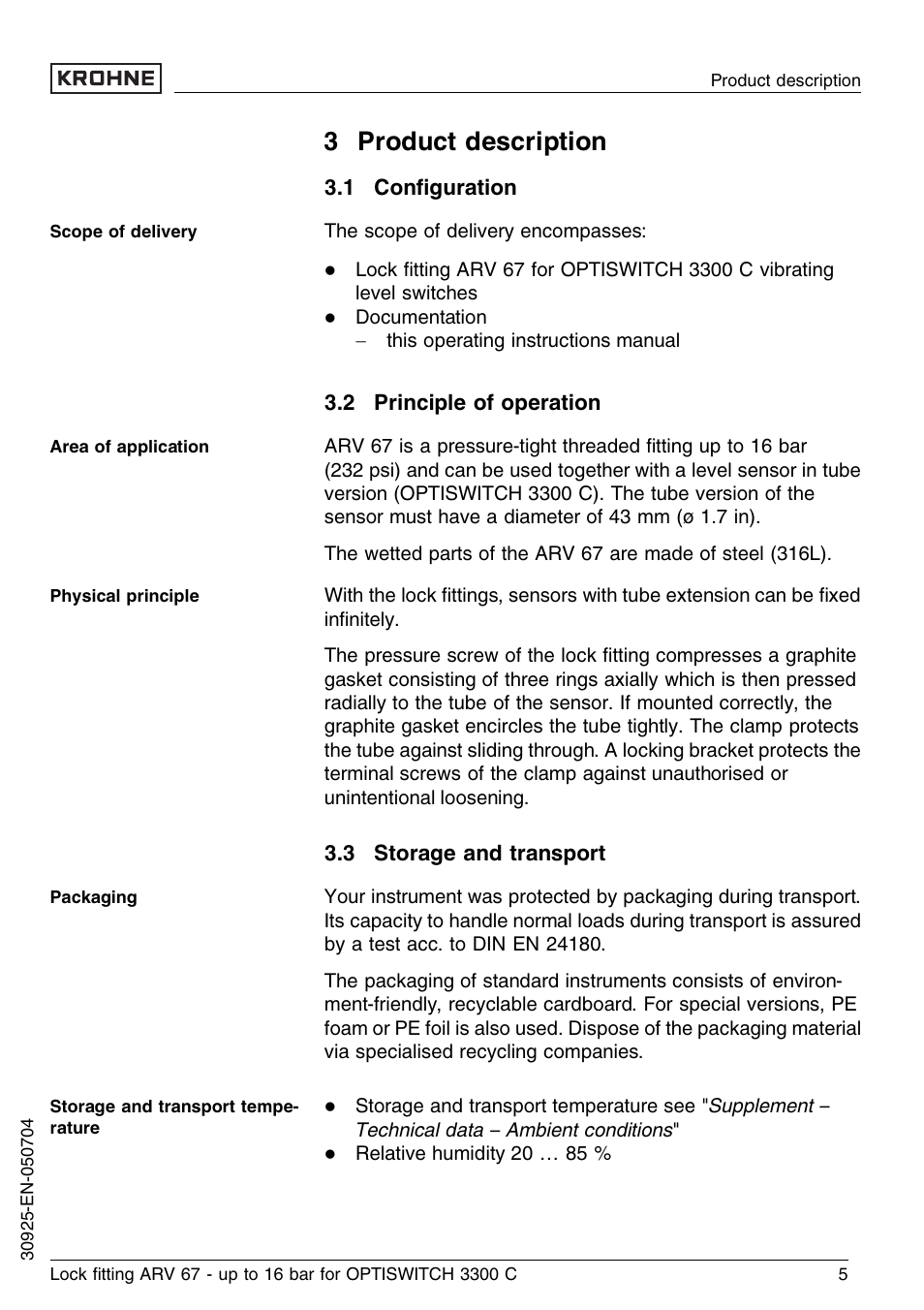 3 product description, 1 configuration, 2 principle of operation | 3 storage and transport | KROHNE OPTISWITCH 3300C ARV33 16bar EN User Manual | Page 5 / 16
