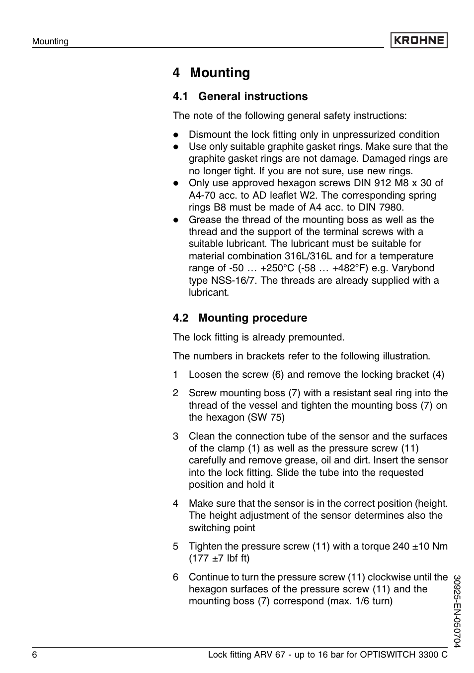 4 mounting, 1 general instructions, 2 mounting procedure | KROHNE OPTISWITCH 3300C ARV33 16bar EN User Manual | Page 6 / 16
