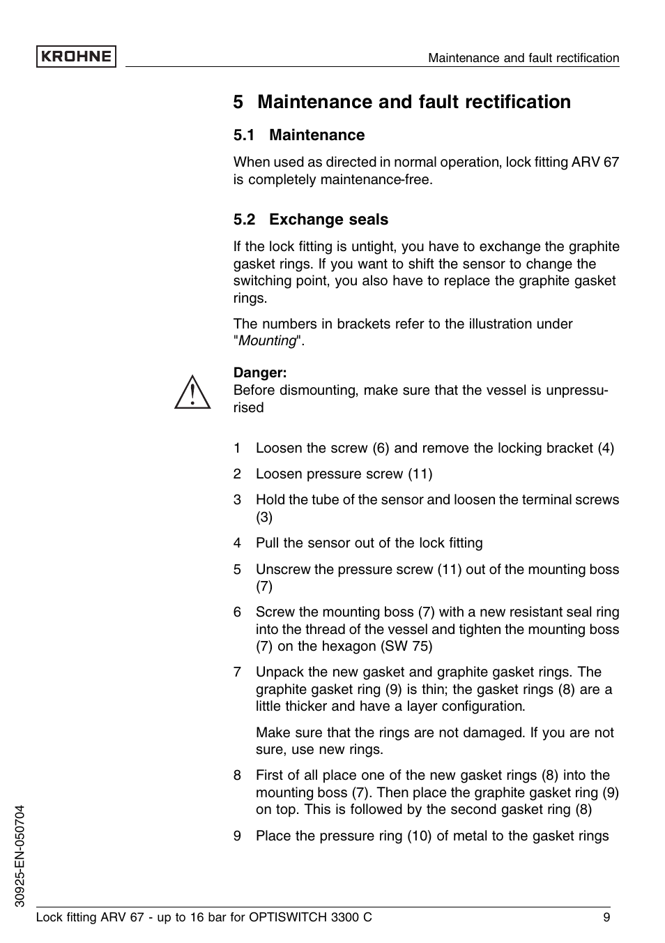 5 maintenance and fault rectification, 1 maintenance, 2 exchange seals | 5 maintenance and fault rectiﬁcation | KROHNE OPTISWITCH 3300C ARV33 16bar EN User Manual | Page 9 / 16