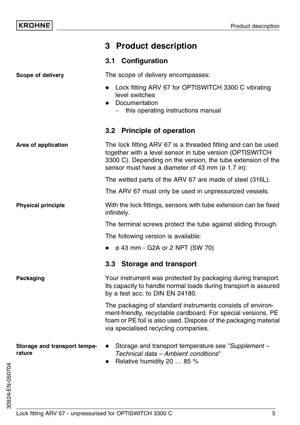 3 product description, 1 configuration, 2 principle of operation | 3 storage and transport | KROHNE OPTISWITCH 3300C ARV33 unpressurized EN User Manual | Page 5 / 12