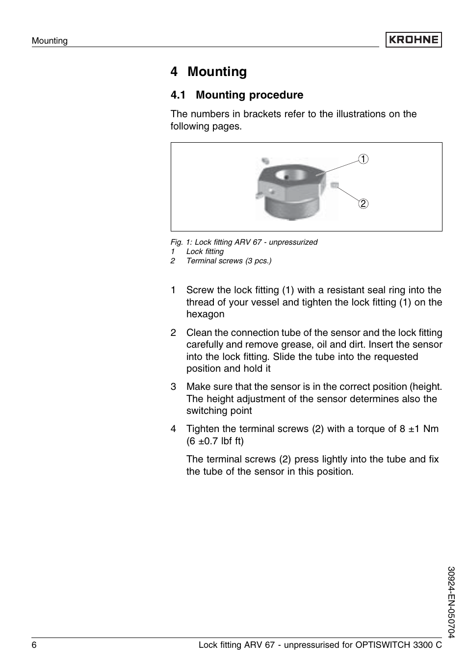 4 mounting, 1 mounting procedure | KROHNE OPTISWITCH 3300C ARV33 unpressurized EN User Manual | Page 6 / 12