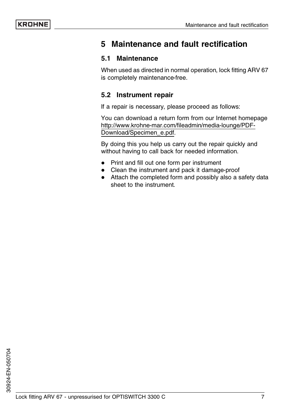 5 maintenance and fault rectification, 1 maintenance, 2 instrument repair | 5 maintenance and fault rectiﬁcation | KROHNE OPTISWITCH 3300C ARV33 unpressurized EN User Manual | Page 7 / 12